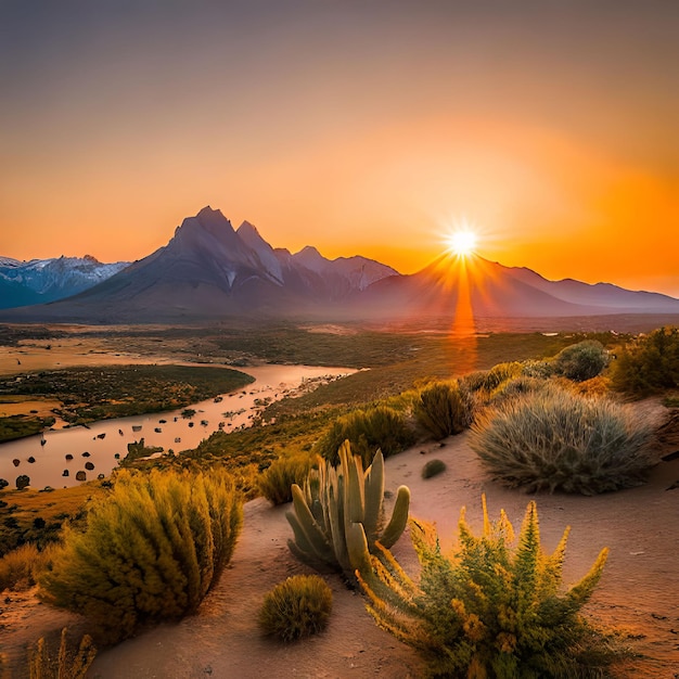 A sunset with a mountain in the background and a few plants and a river.