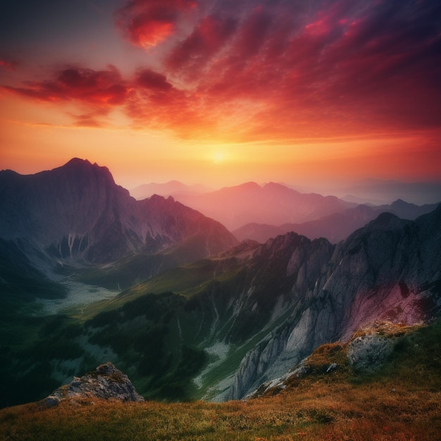 A sunset with a mountain in the background and a sky with clouds.