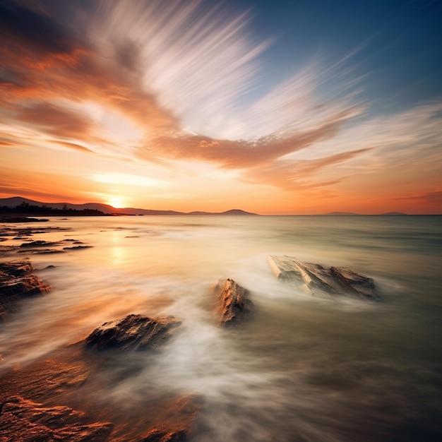 a sunset with a mountain in the background and a sunset in the background.