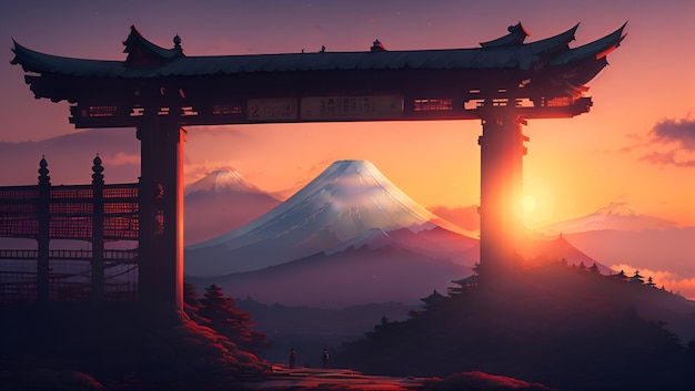 A sunset with a mountain in the background