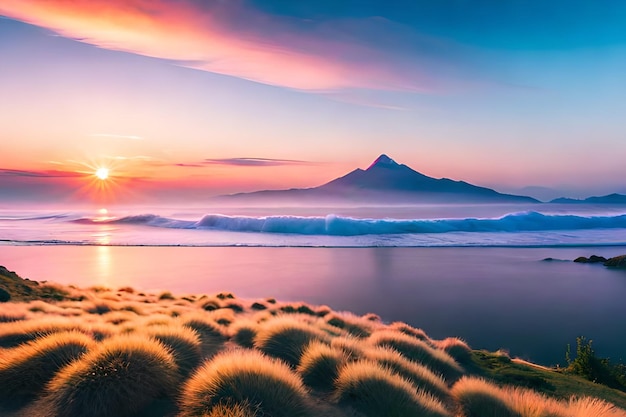 A sunset with a mountain in the background