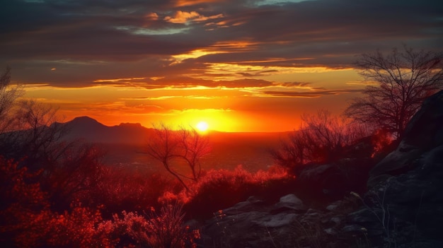 A sunset with a mountain in the background