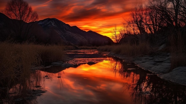 A sunset with a mountain in the background