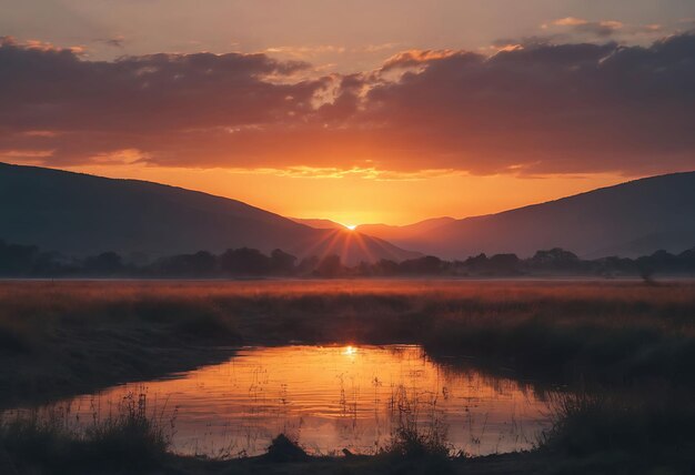 a sunset with a mountain range in the background