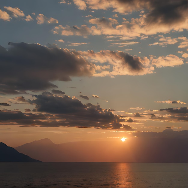 a sunset with a mountain range and a sun setting in the background