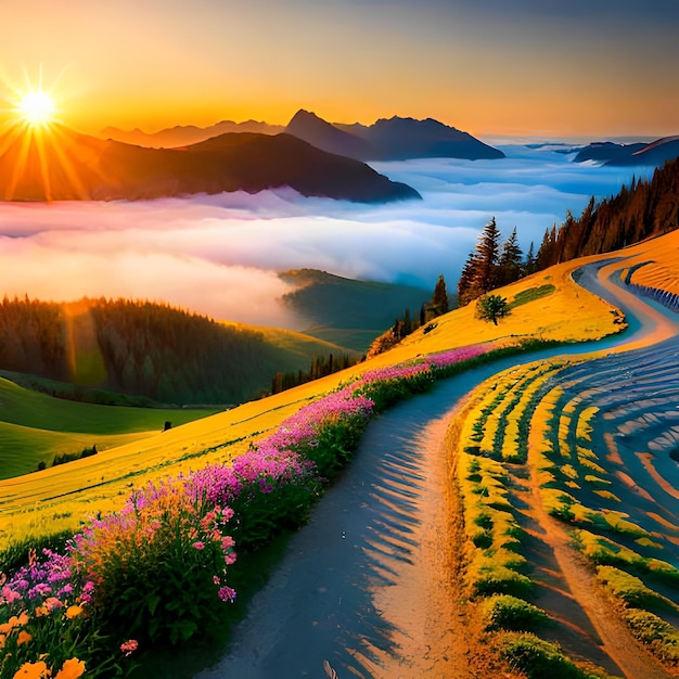 A sunset with a mountain and a road that has a sunset in the background.