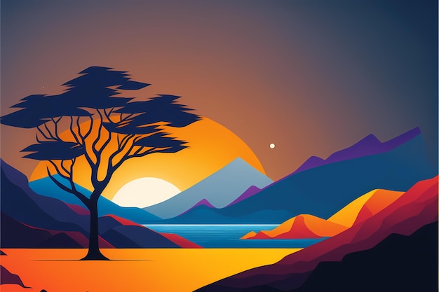 A sunset with a mountain and a tree