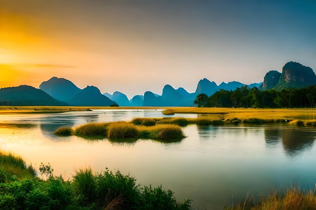 a sunset with mountains in the background and a lake in the foreground