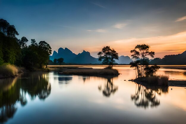 A sunset with mountains in the background and trees in the foreground