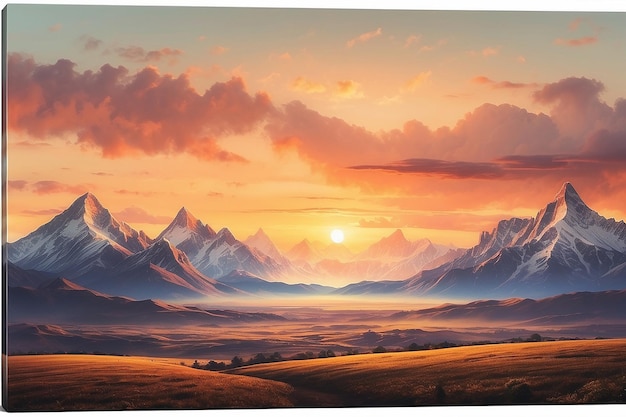A sunset with mountains in the background