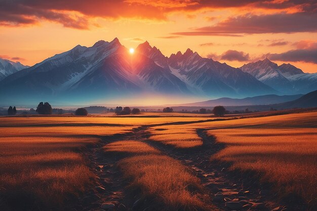 A sunset with mountains in the background