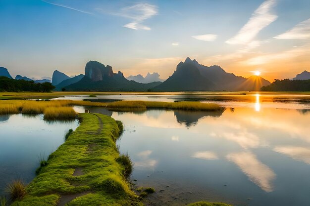 A sunset with mountains in the background