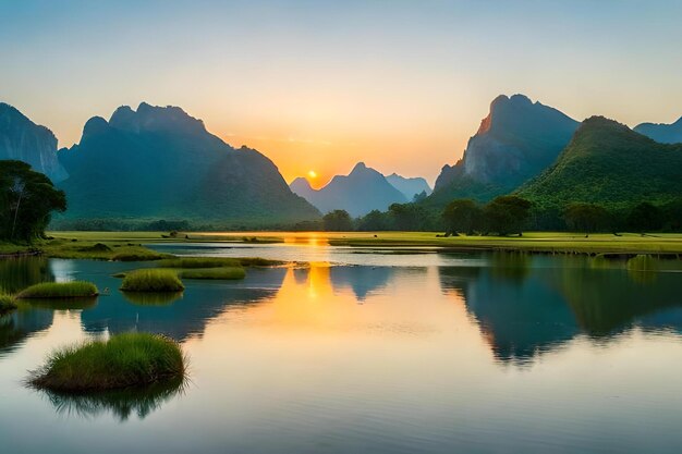 A sunset with mountains in the background