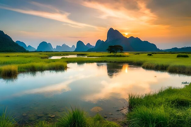 A sunset with the mountains in the background