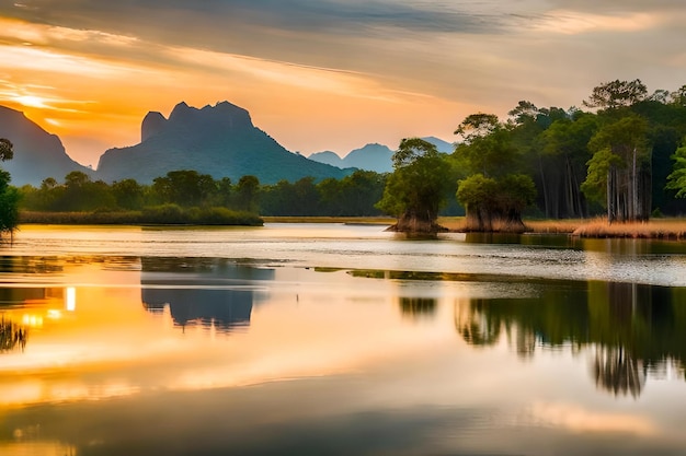 A sunset with mountains in the background