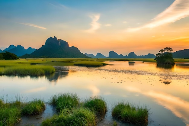 A sunset with mountains in the background