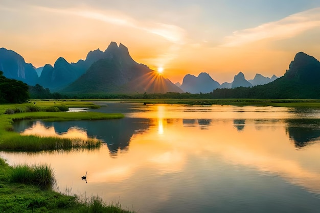 A sunset with mountains in the background