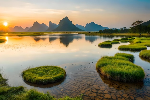 A sunset with mountains in the background