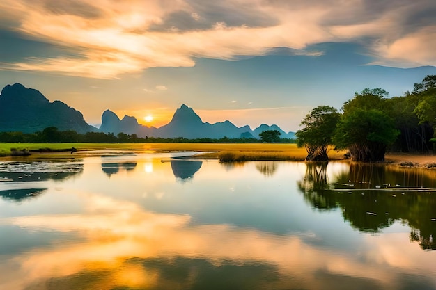 A sunset with mountains in the background