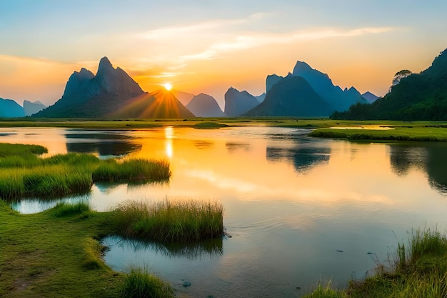 A sunset with mountains in the background