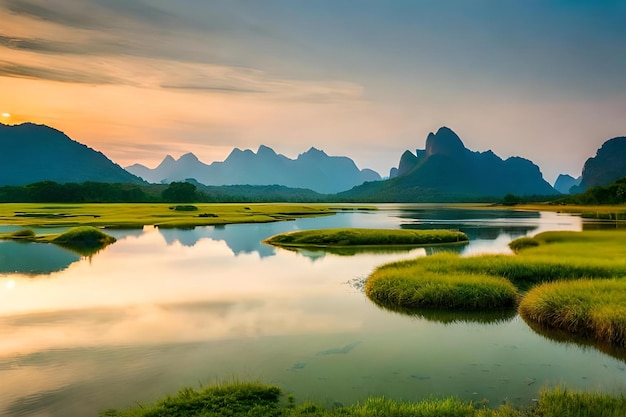 A sunset with mountains in the background