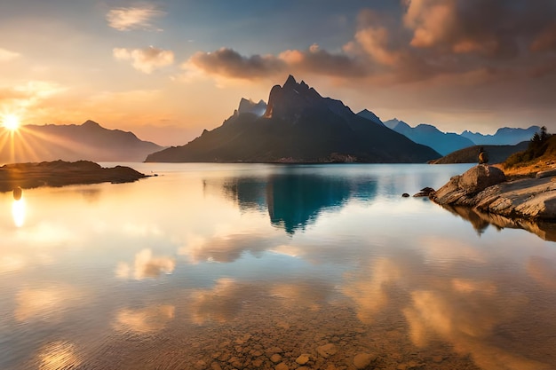 A sunset with mountains in the background