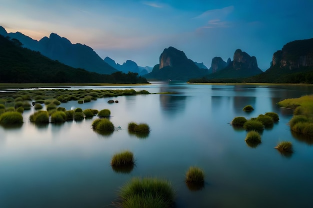 A sunset with mountains in the background