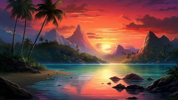 a sunset with mountains and a beach scene.