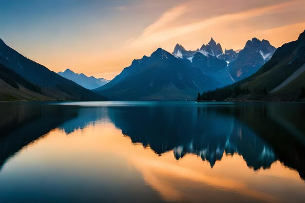 a sunset with mountains and a lake in the background.