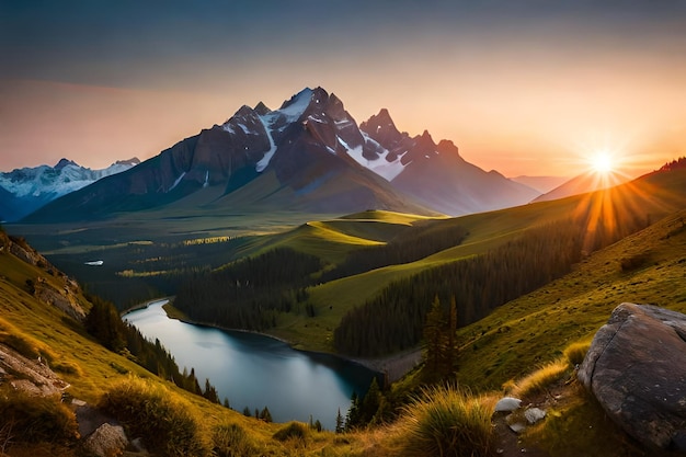 A sunset with mountains and a lake in the foreground