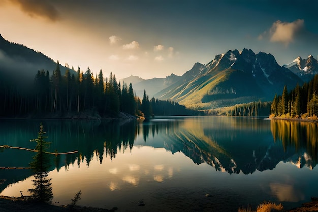 A sunset with mountains and a lake