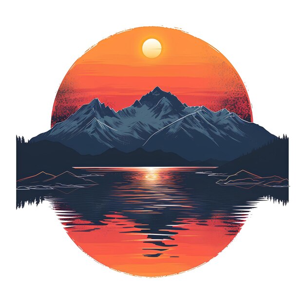 A sunset with mountains and a lake