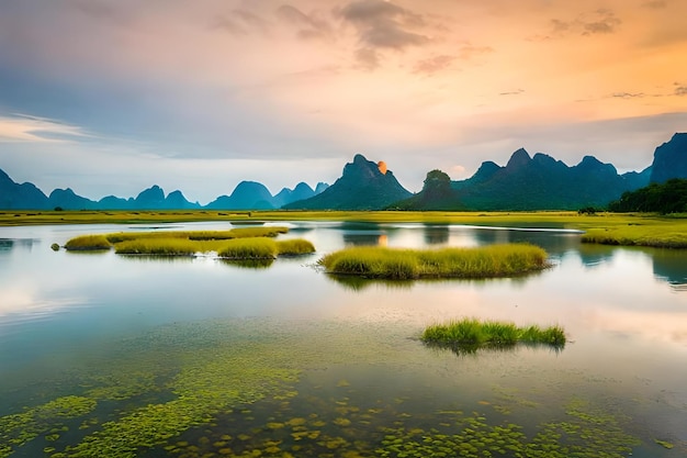 A sunset with mountains and mountains in the background