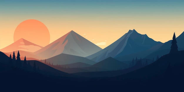 A sunset with mountains and a sun