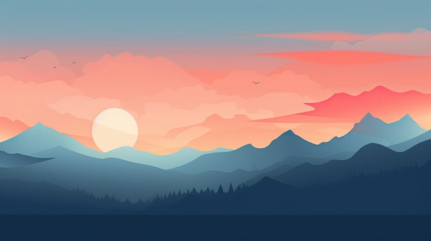 山と夕日。