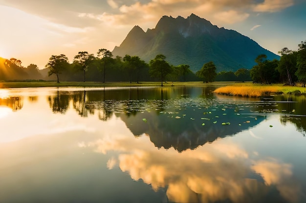 A sunset with mountains and trees in the background