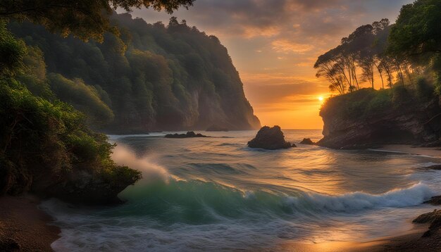 a sunset with the ocean and the sun setting behind the cliffs