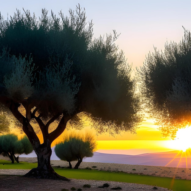 Foto un tramonto con gli ulivi e il sole che tramonta alle sue spalle