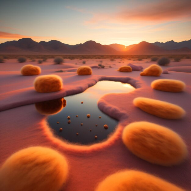 A sunset with orange rocks and mountains in the background