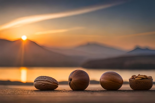 a sunset with a pair of walnuts in the foreground and a mountain in the background.