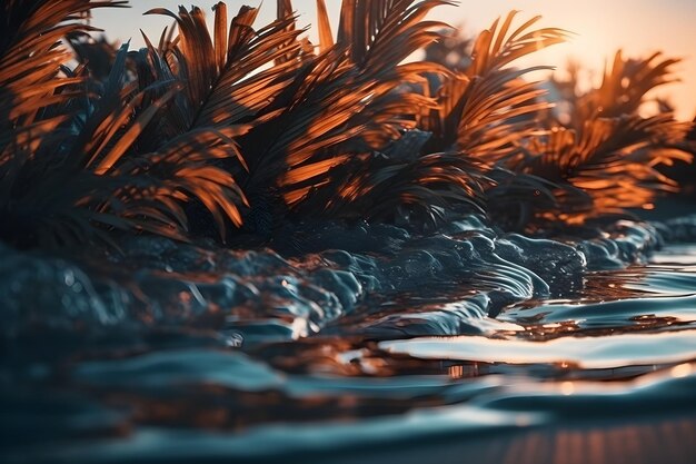 Photo a sunset with palm leaves and a sunset in the background