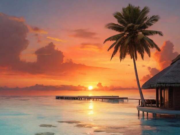 Photo a sunset with a palm tree and a beach bar