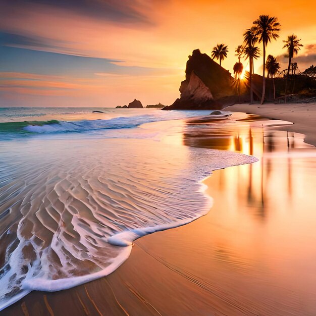 Photo a sunset with palm trees and a beach in the background.