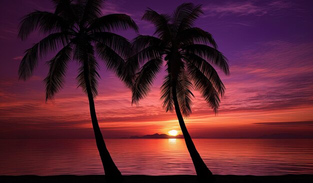 a sunset with palm trees on the beach and the sun setting behind them