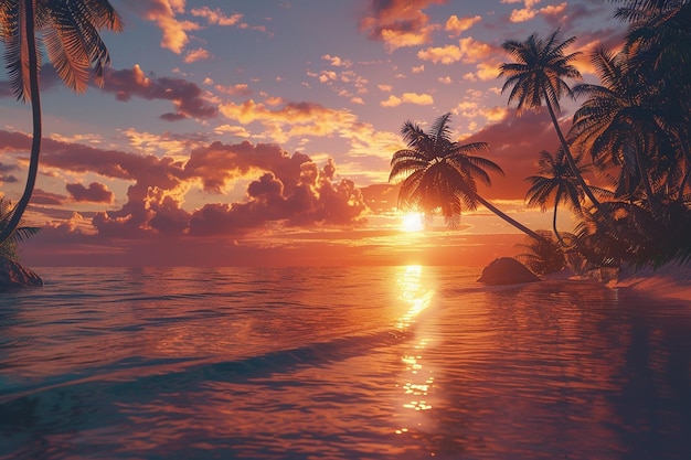 a sunset with palm trees on the beach