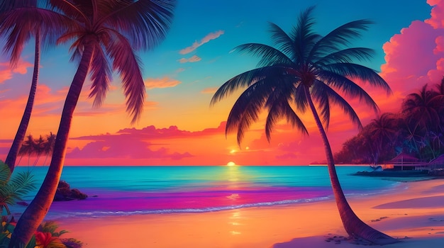 Photo a sunset with palm trees on the beach