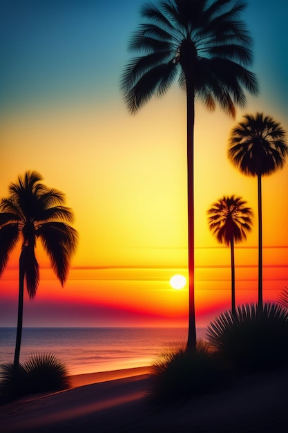 A sunset with palm trees on the beach