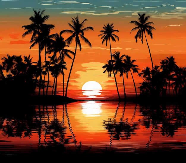 sunset with palm trees and a body of water generative ai