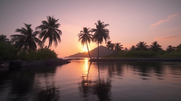 A sunset with palm trees in the foreground