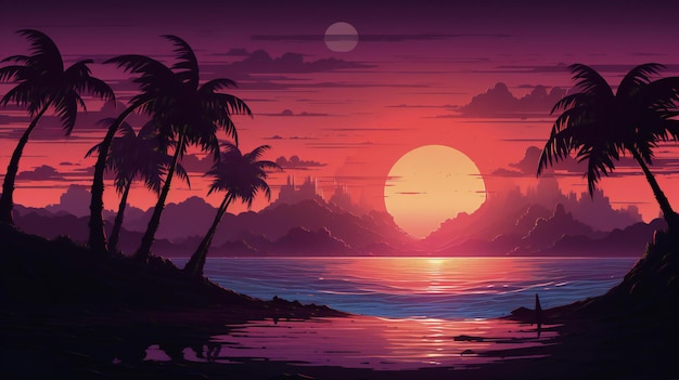 a sunset with palm trees and the ocean